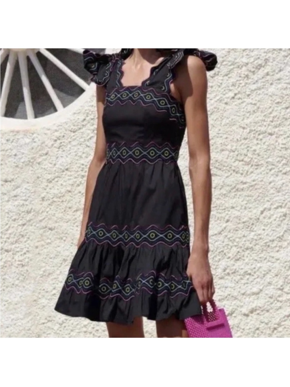 Celia B Black Embroidered Ruffle-Shoulder Mini Dress